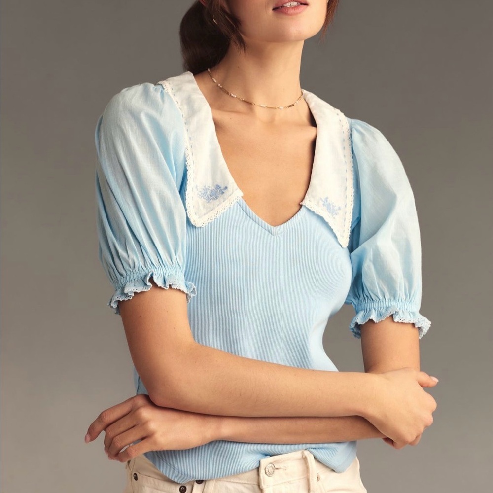 Anthropologie Powder Blue Puff Sleeve Top with White Lace Collar